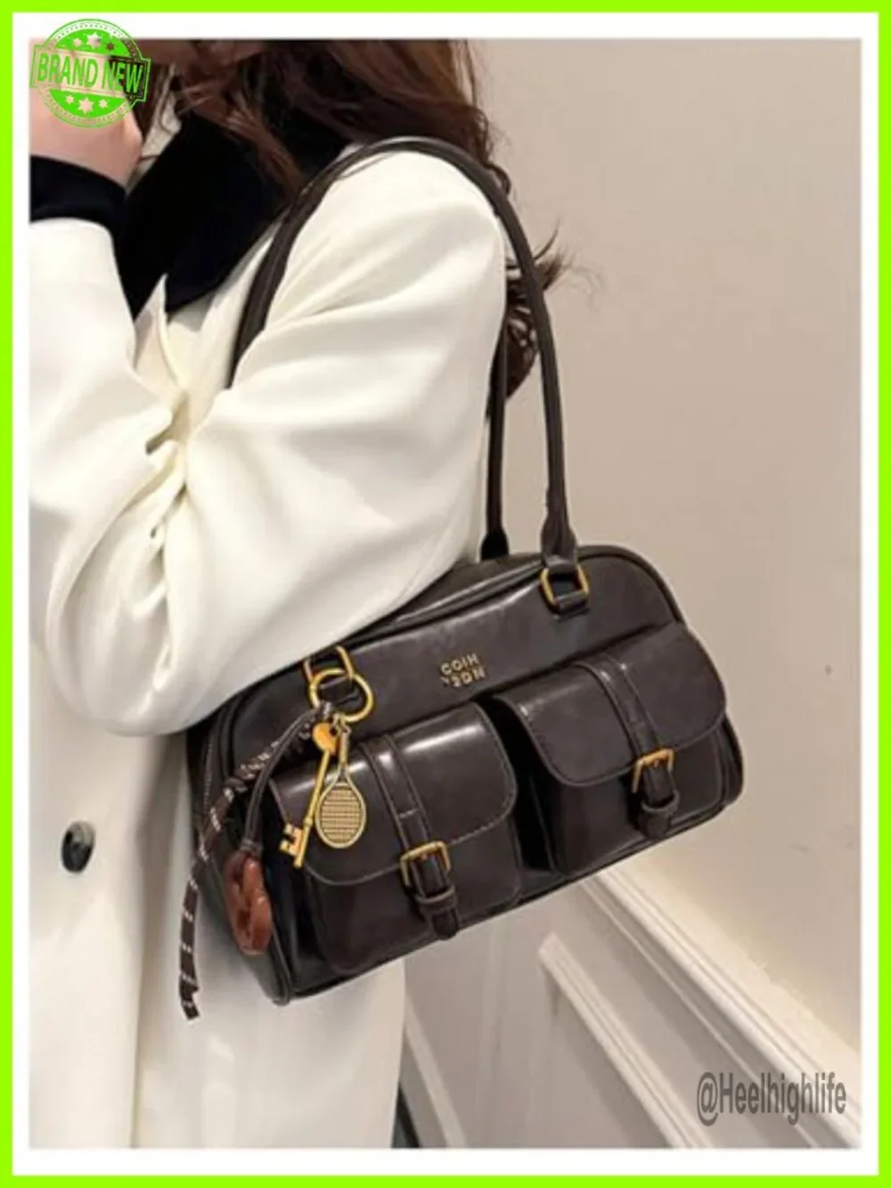 PU Leather Hobo Shoulder Bag Multi-Pocket Tote with Zipper